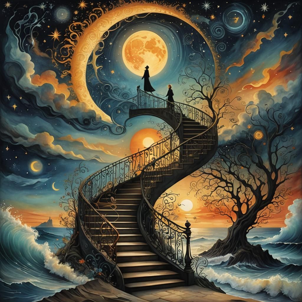 Surreal Sun and Moon Over Cosine Staircase