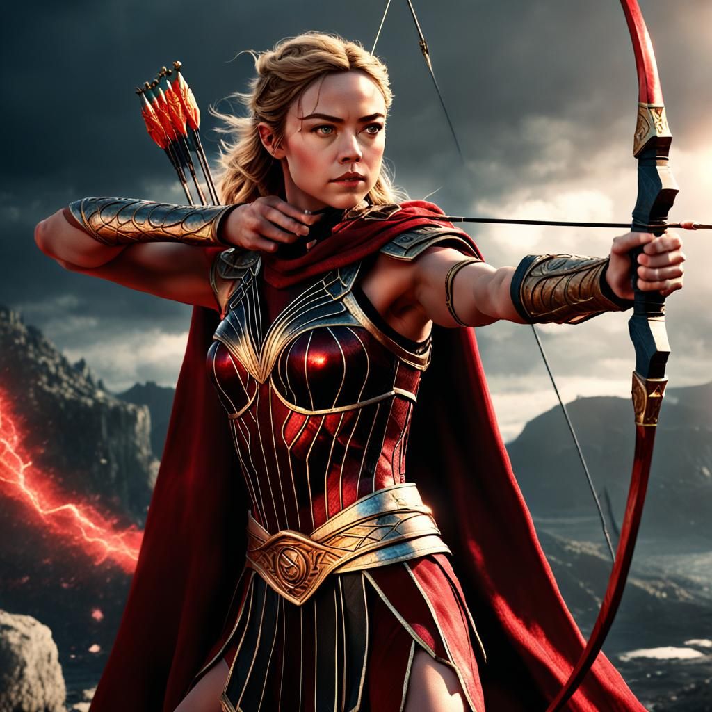 Artemis in Red Armor: Mythological Action Scene