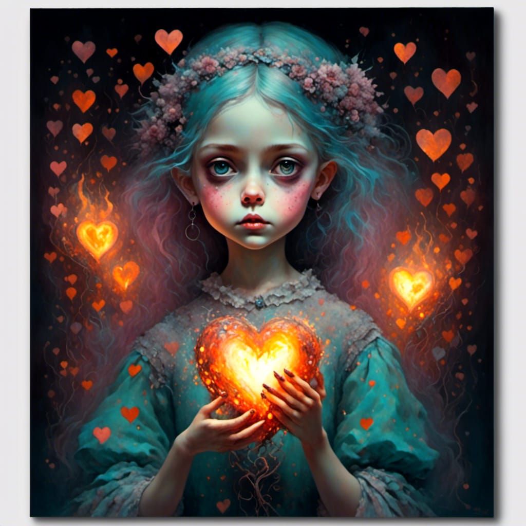 Girl Holding Glowing Heart, Pastel Illustration