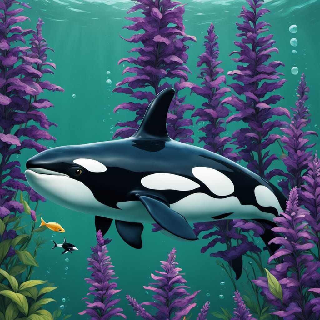 A fantasy orca hybrid with salvia accents: Salviorca
Beneath calm green water, a mix of salvia plant with orca swims wit...