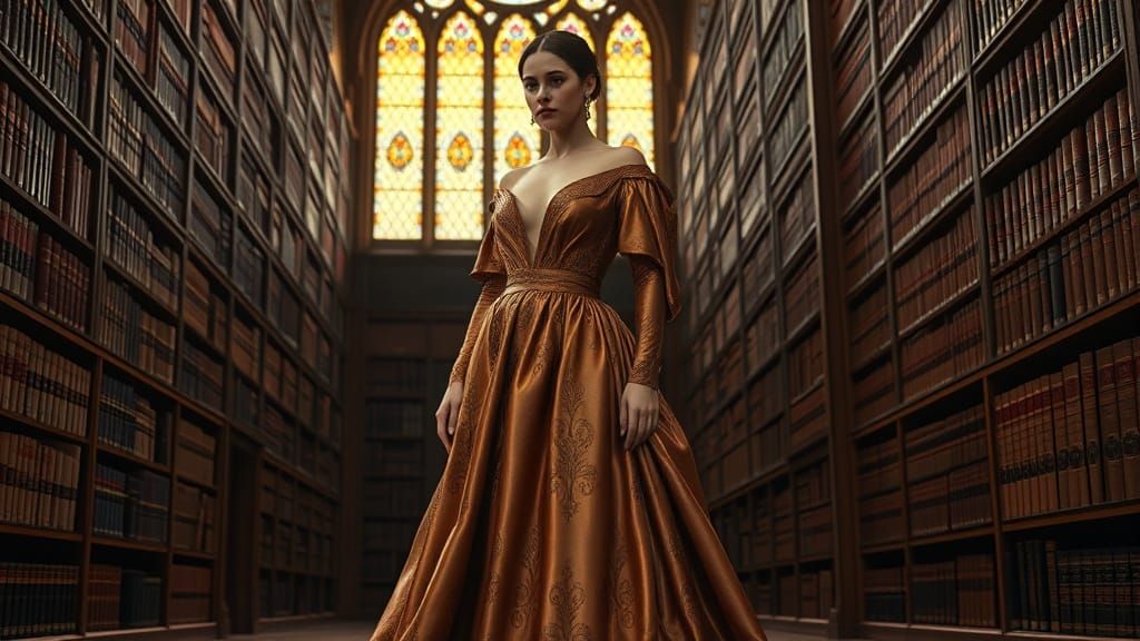 Elegant Woman in Grand Baroque Library