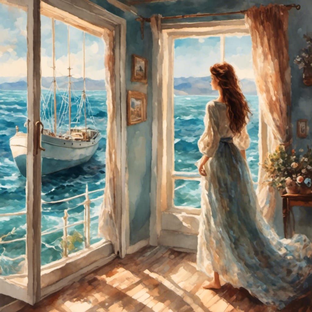 Woman by Window Looking at Boat on Sea