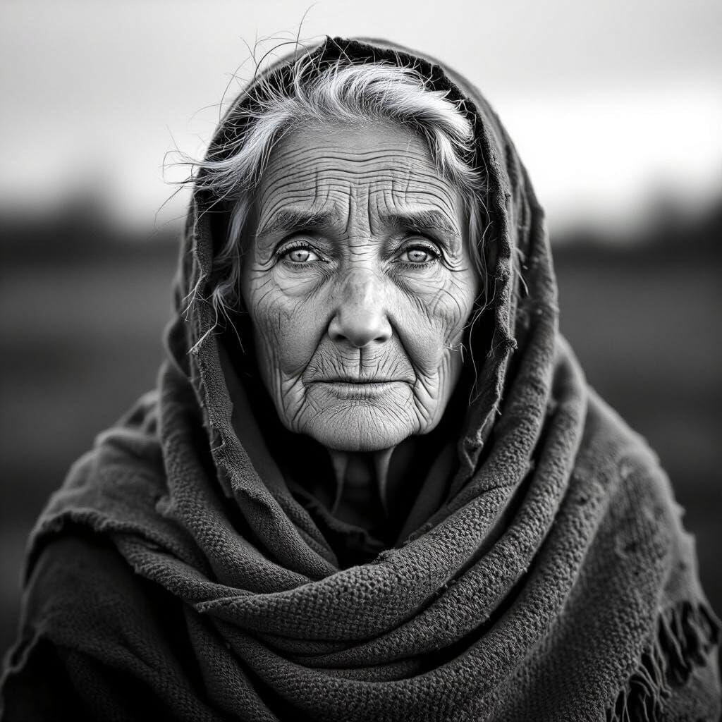 Haunting Portrait of Elderly Woman in Black and White