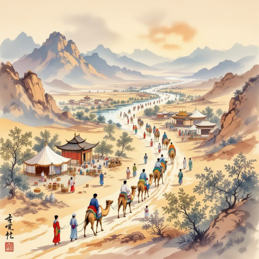 Silk Road Caravan in Traditional Chinese Painting Style