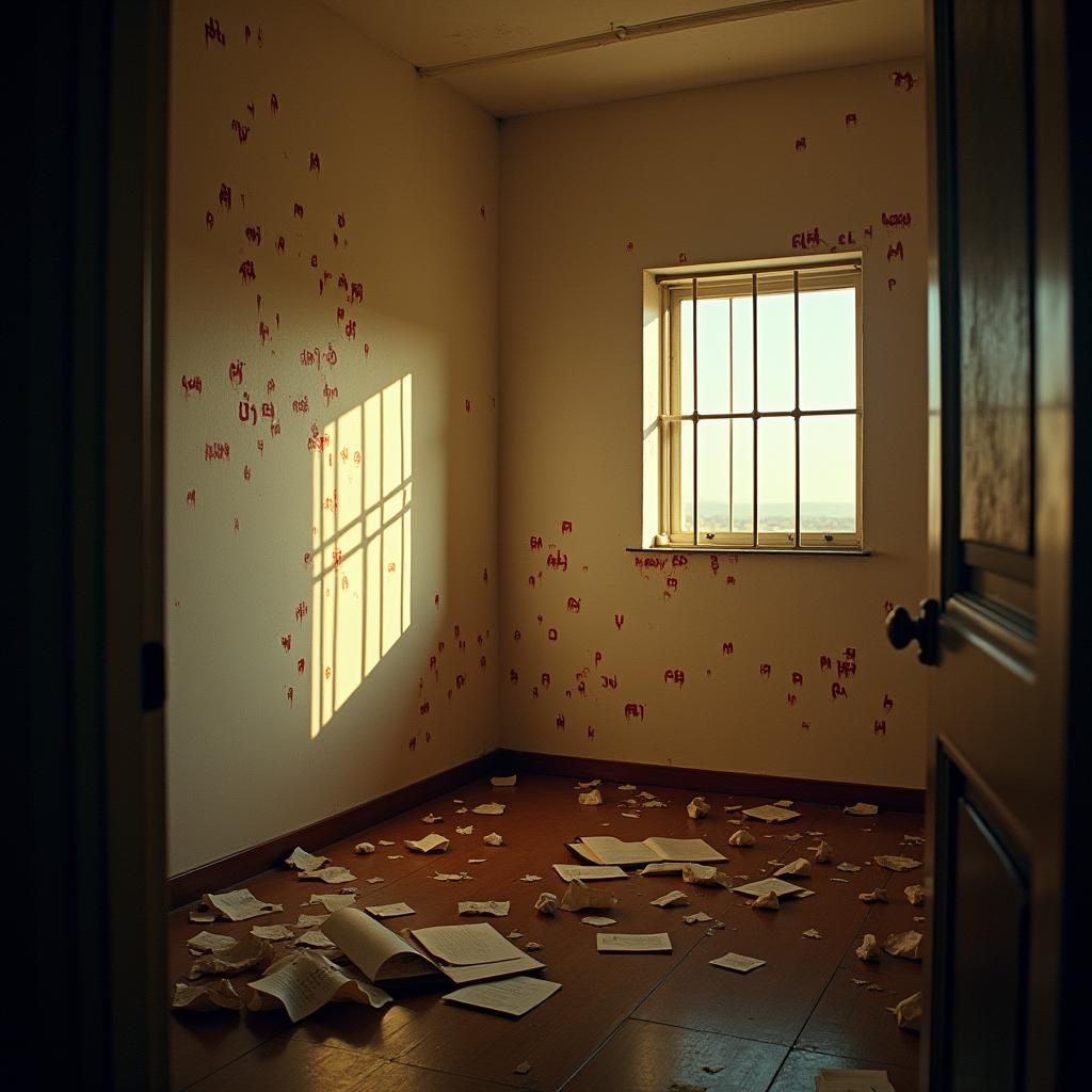 Eerie Bedroom with Nabatean Script in Blood