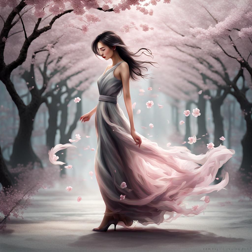 Cherry Blossom Woman in Ethereal Silver Landscape