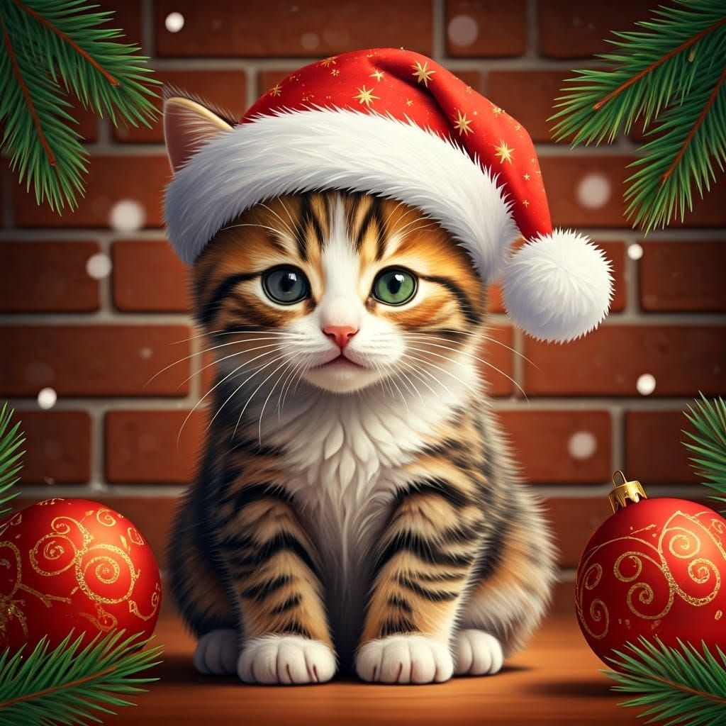 Festive Kitten in Santa Hat Digital Illustration