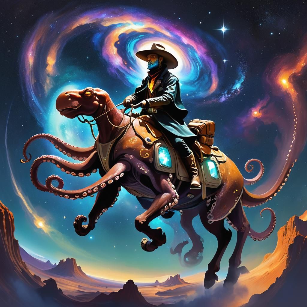 Octopus Cowboy Rides Space Cow in Sci-Fi Art
