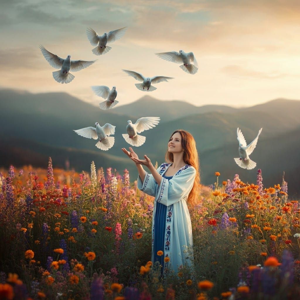 Woman Releasing Doves in Dreamscape Photograph