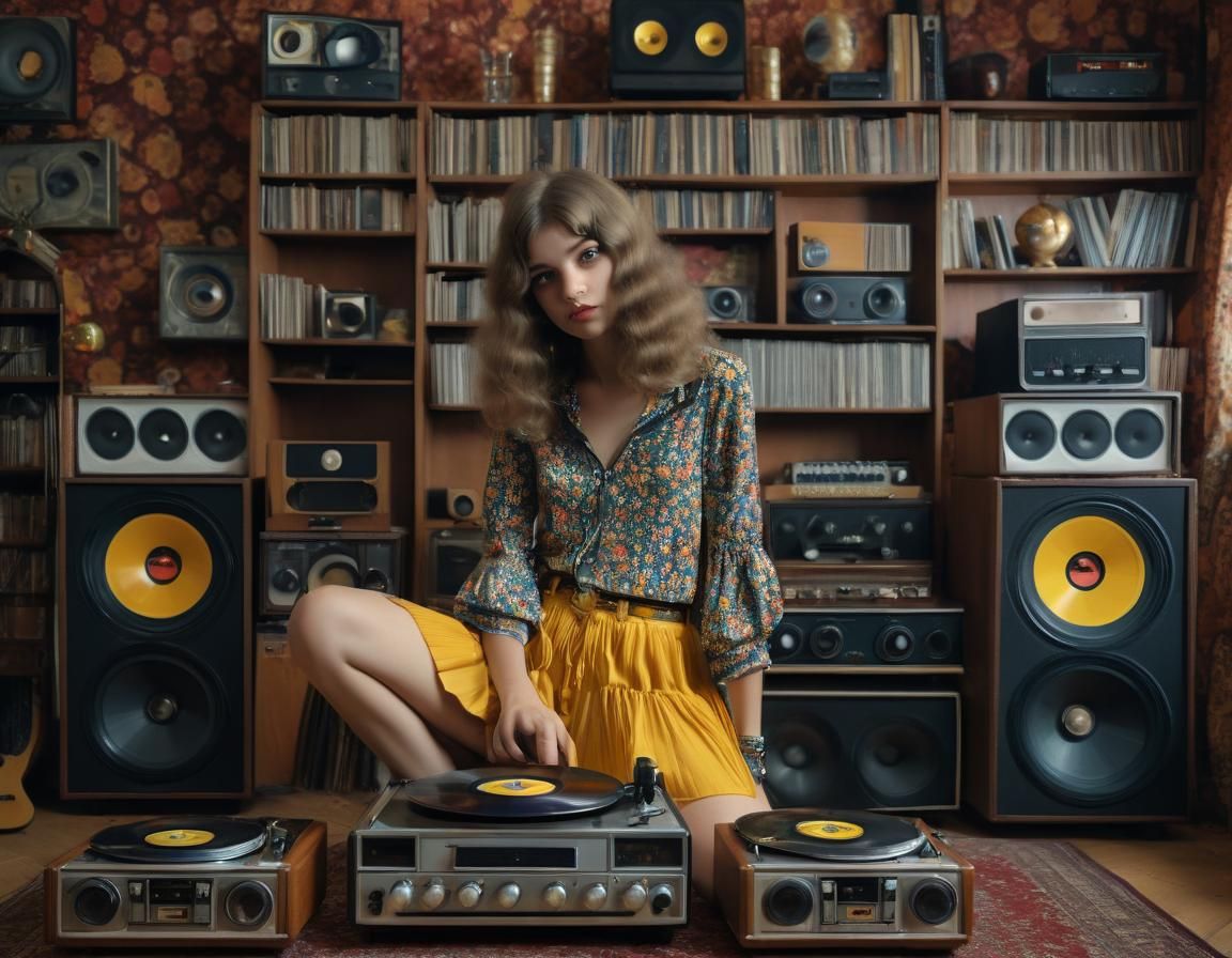 Vintage 70s Girl Listening to Rock and Roll