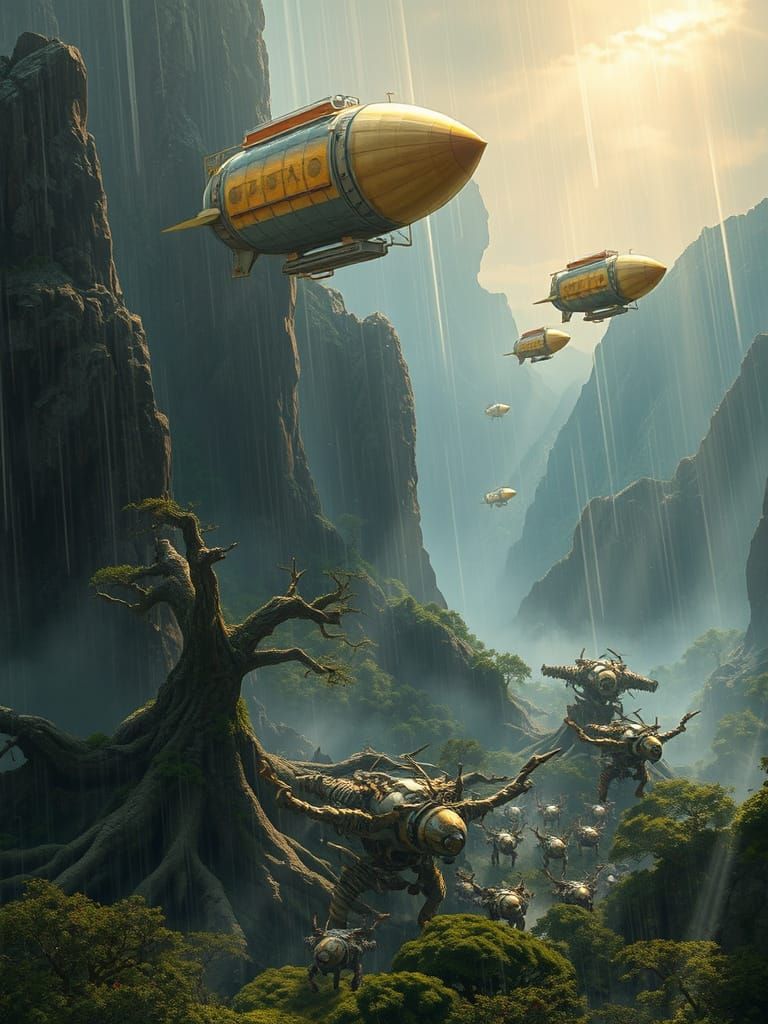 Steampunk Airships Dance Among the Mountains, Embracing Natu...
