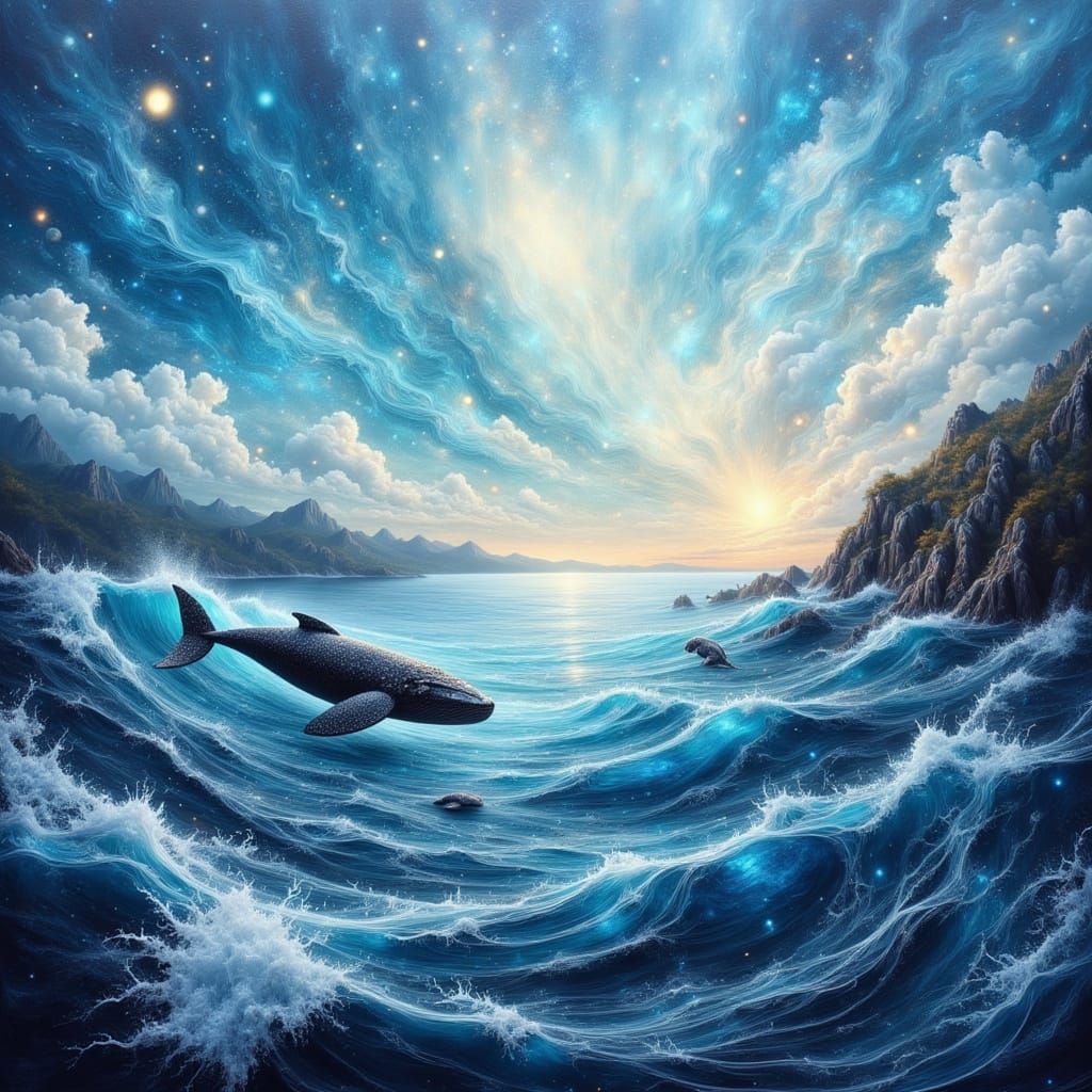 Open Sea Landscape with Whales, Impressionistic Style