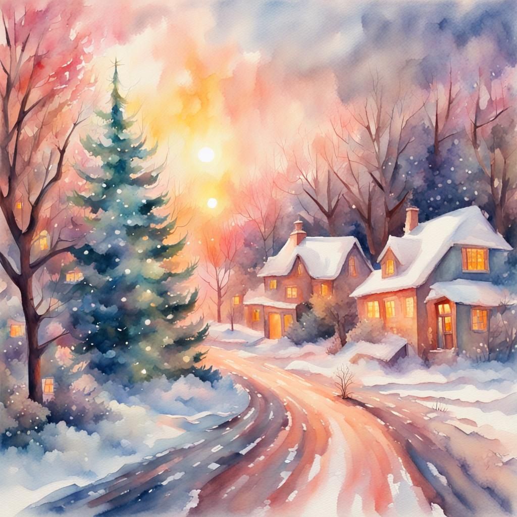 Christmas Watercolor Painting in Gouache Style