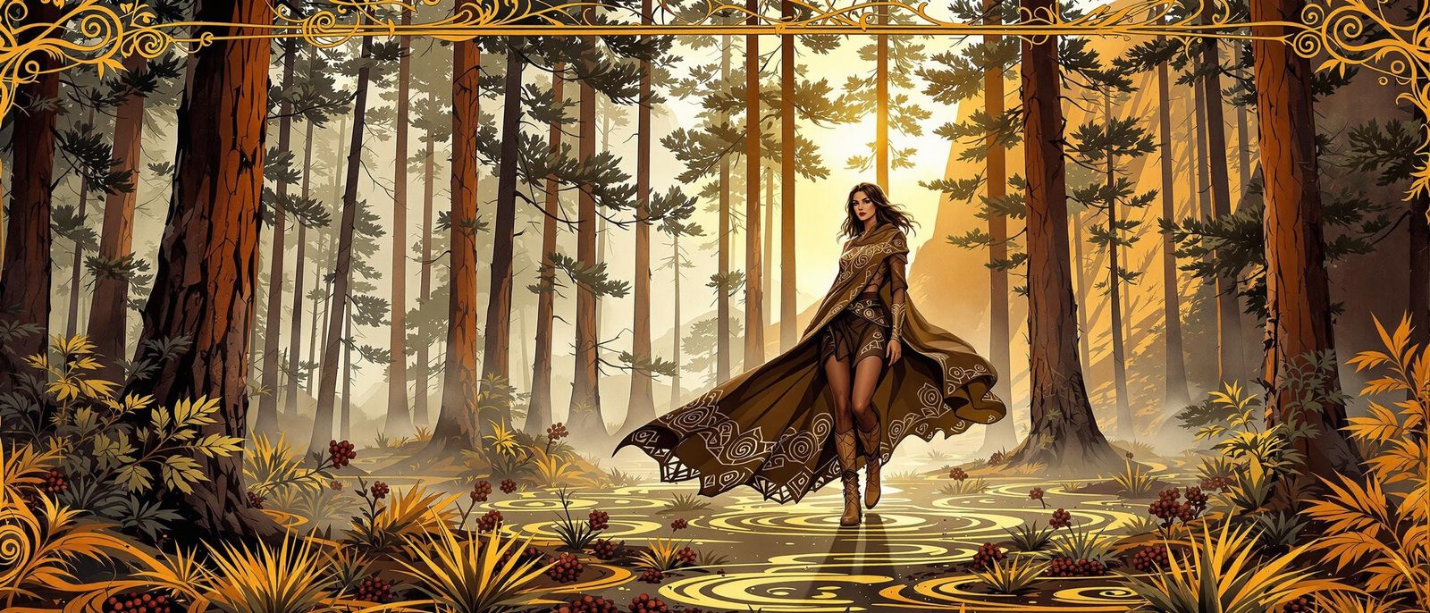 Nordic Woman in Misty Pine Forest