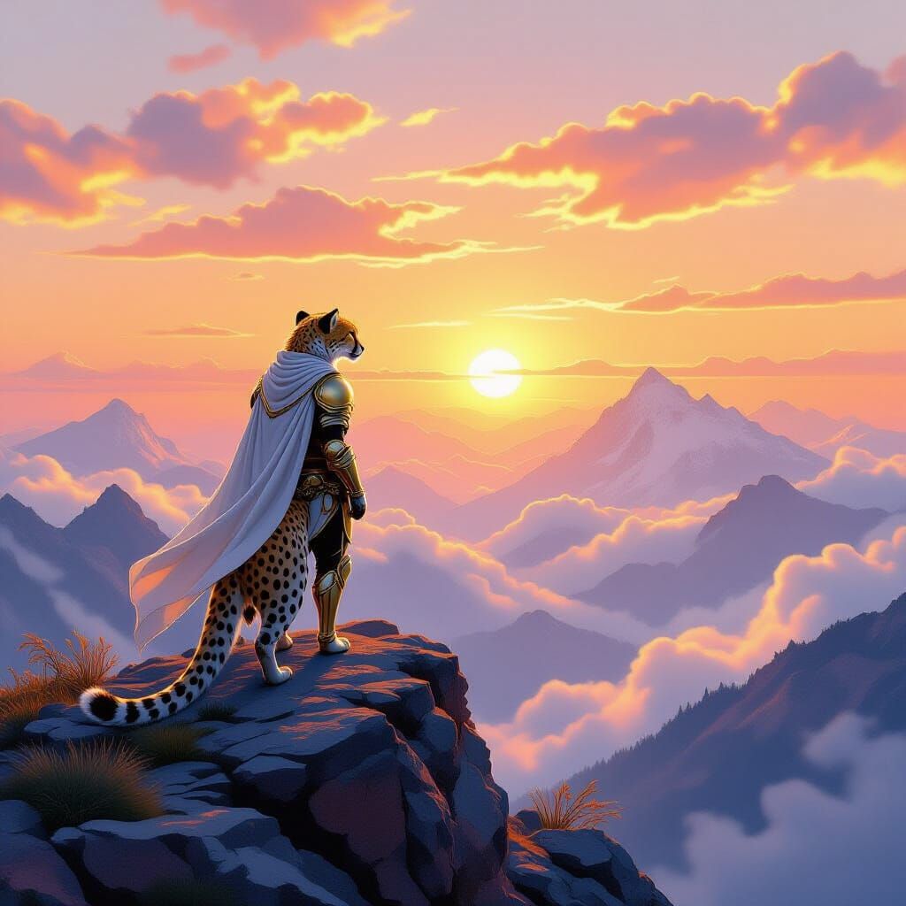 Cheetah Knight Watches Sunset on Misty Mountain