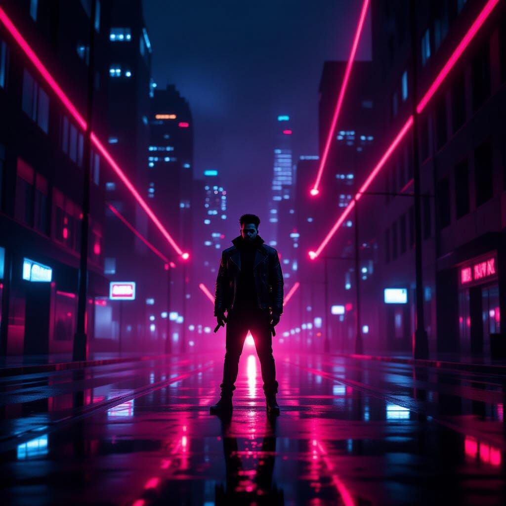 “The Weeknd performing in a futuristic cityscape at night, l...