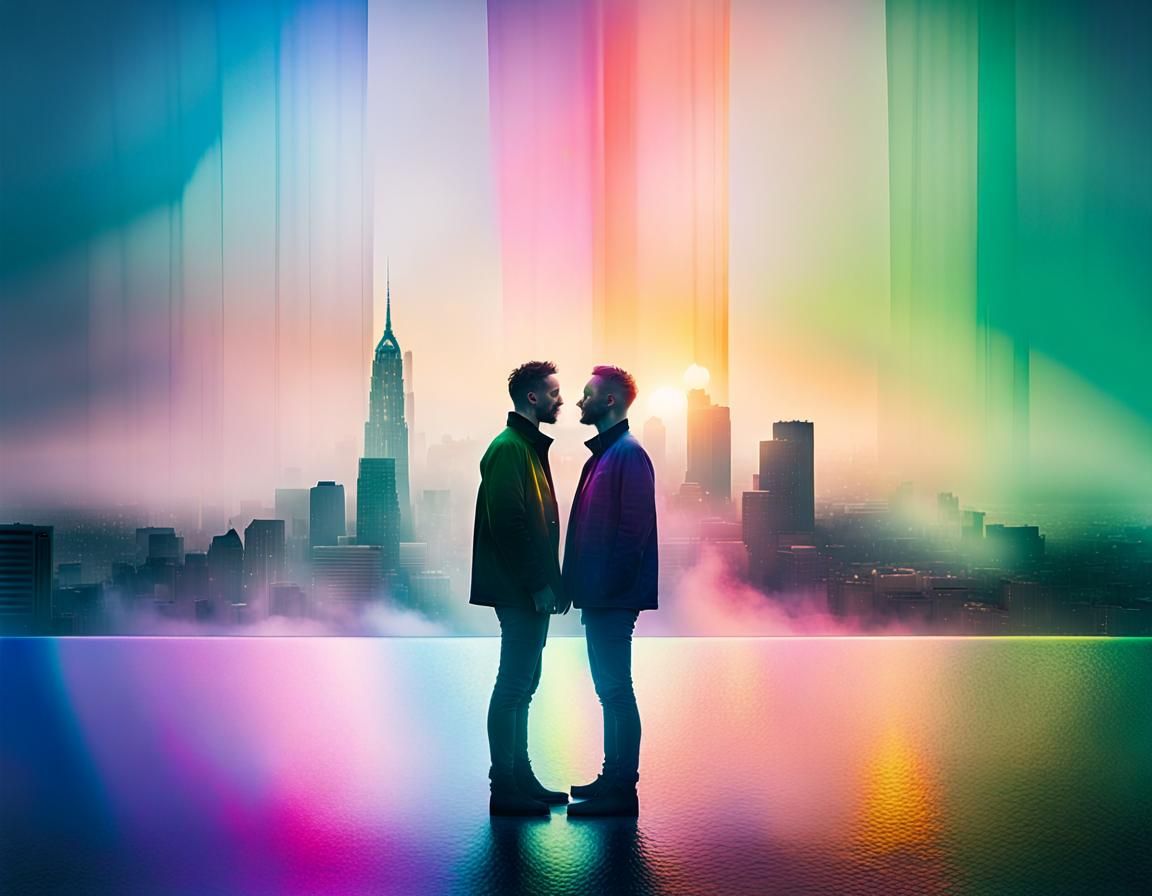 Gay Couple Embrace in Double Exposure Art