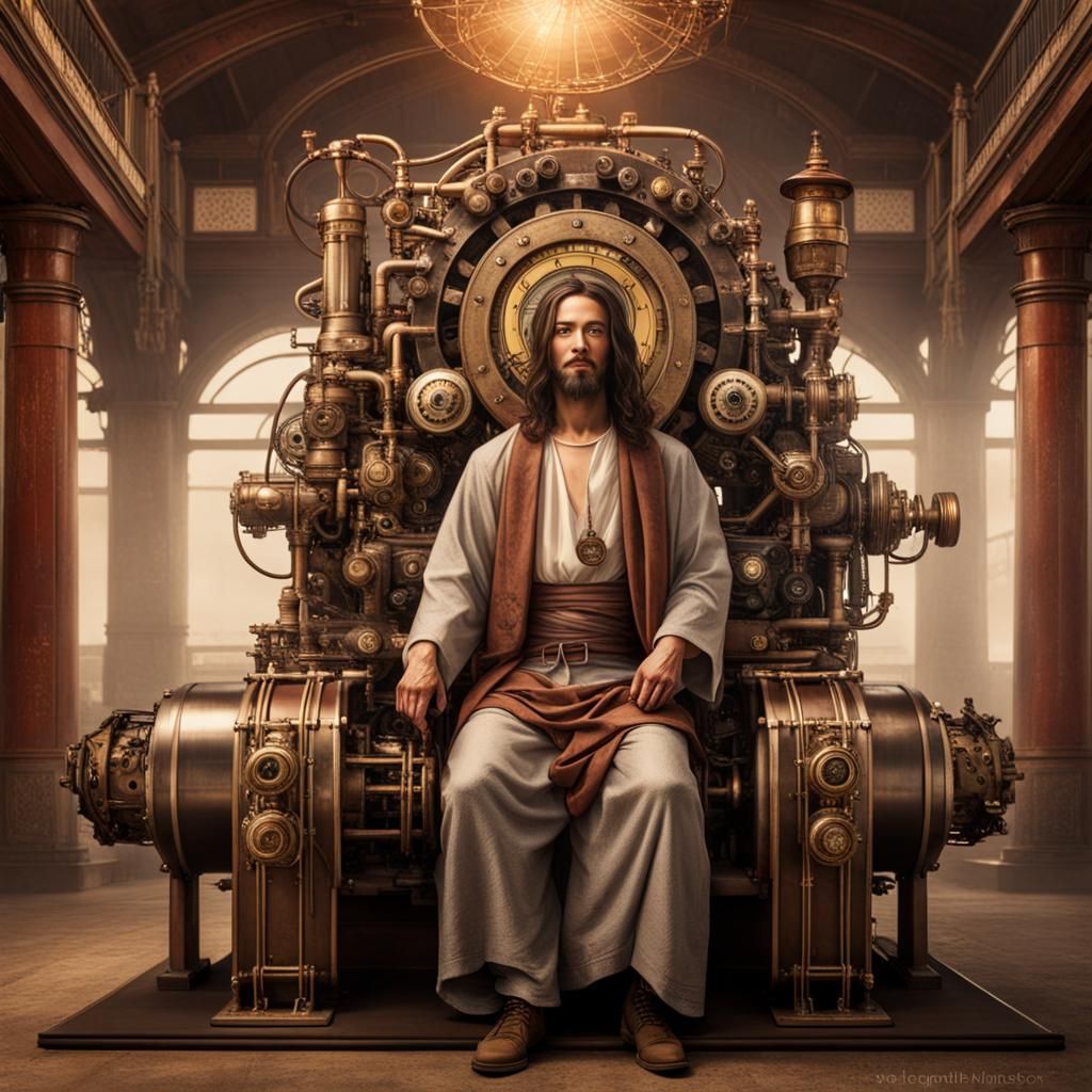 Jesus in Buddhist Temple with Steampunk Engine