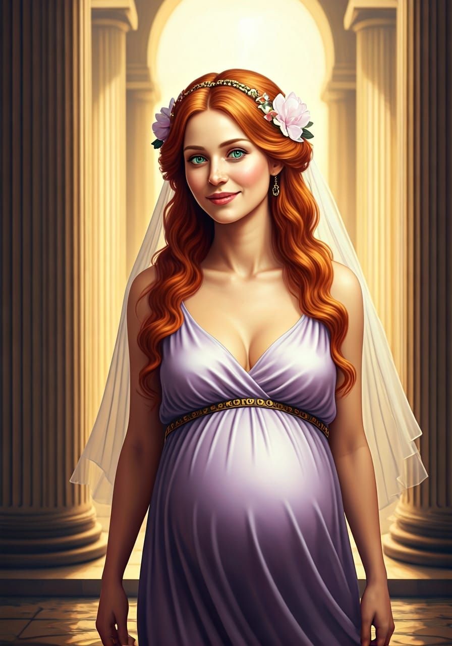 Pregnant Greek Woman in Temple: Oil Painting Style