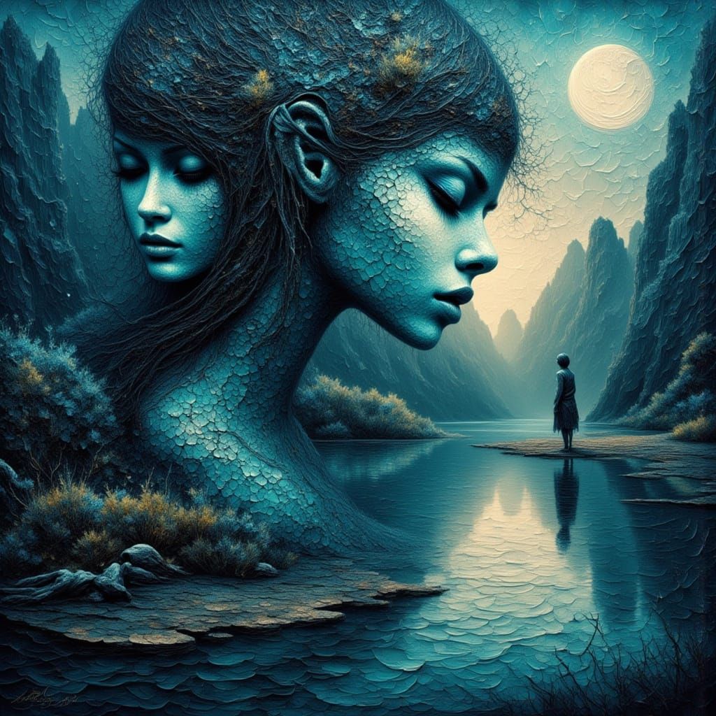 Impasto Portrait of Water Nymph in Asian Landscape