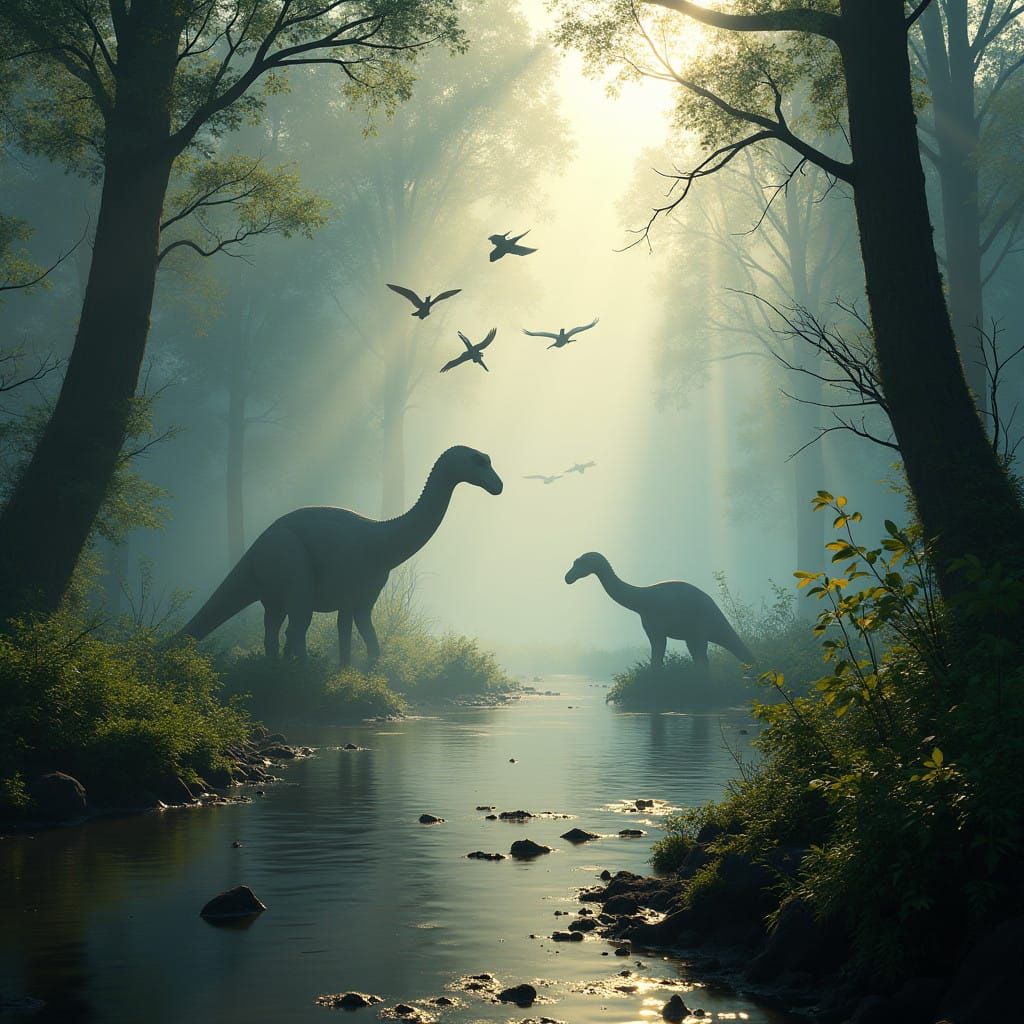 Surreal Swamp Scene with Flying Pterodactyls and Sauropod Di...