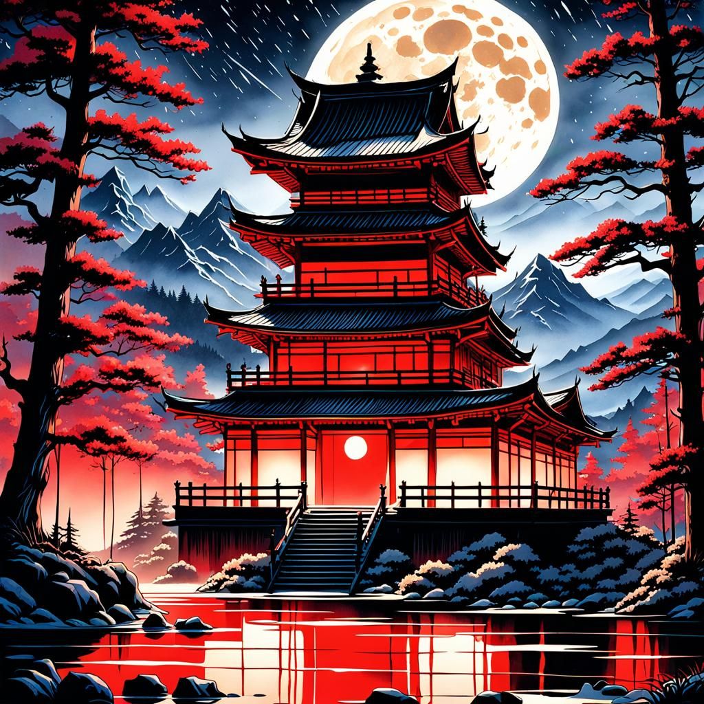 Ronin Samurai Castle in Japanese Watercolor Style