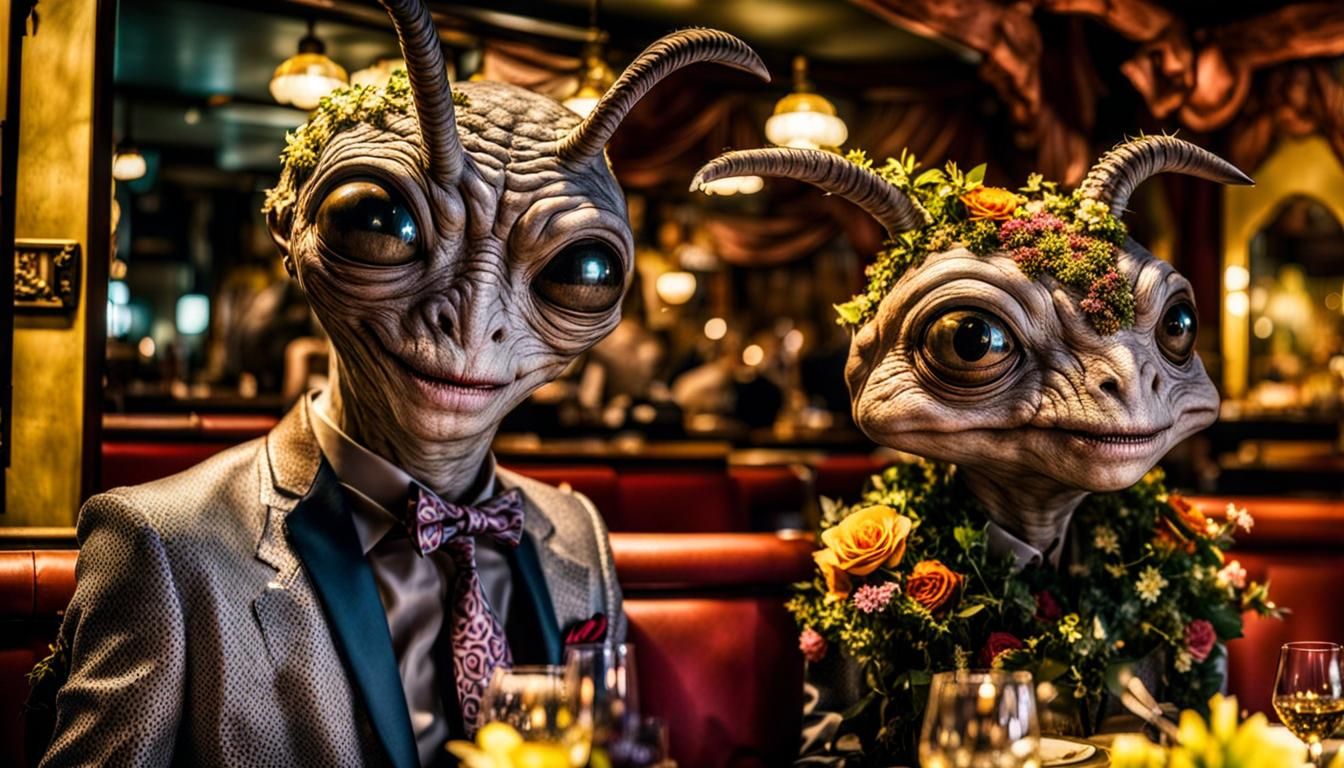 Surreal Alien Restaurant Celebration in Gritty Detail
