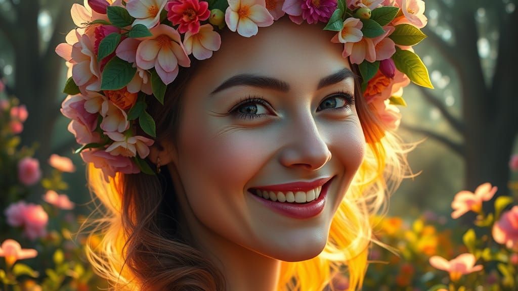Dreamy Morning Portrait with Floral Wreath in Whimsical Fant...