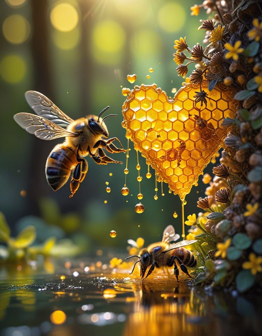 Heartwarming momma bee saving her baby bee from the honey splashing from the honeycomb. Stunning tilt shift Macro photog...
