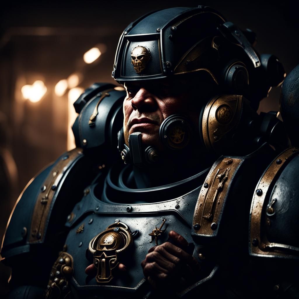 Dark portrait of a tired Space Marine, softlighting