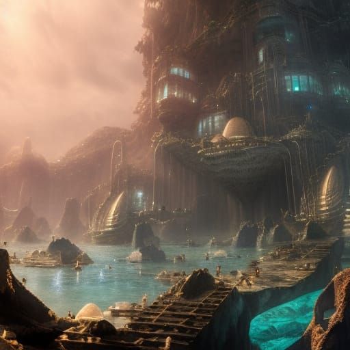 Detailed Underwater City with Mermaids Digital Painting