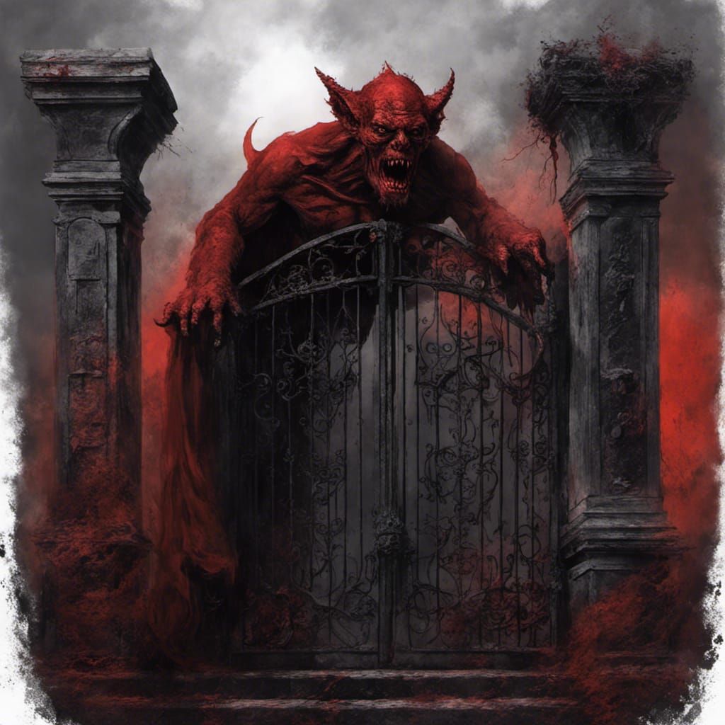 Sinister Gargoyle in Cemetery Gates of Hell