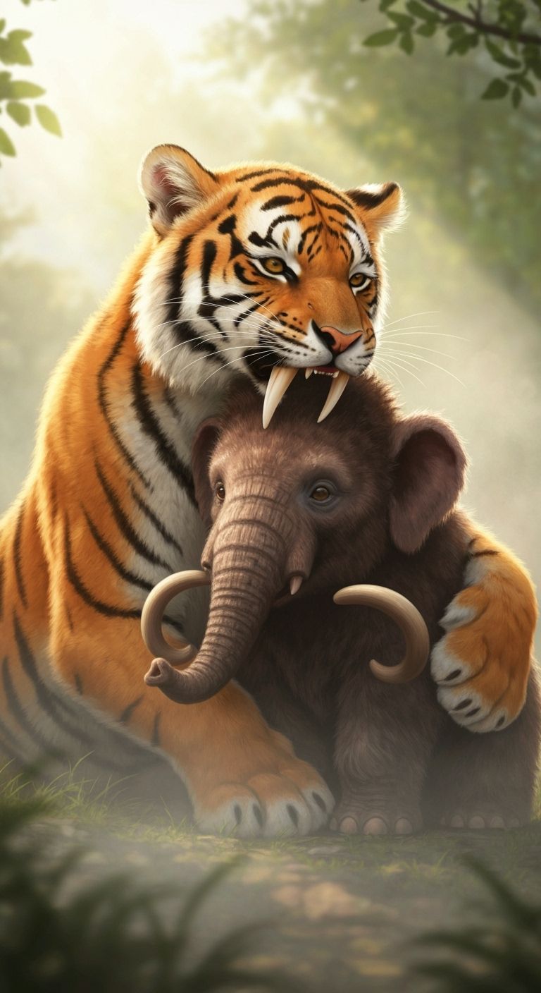 Baby Sabre-tooth Tiger Cuddles Woolly Mammoth in Prehistoric...