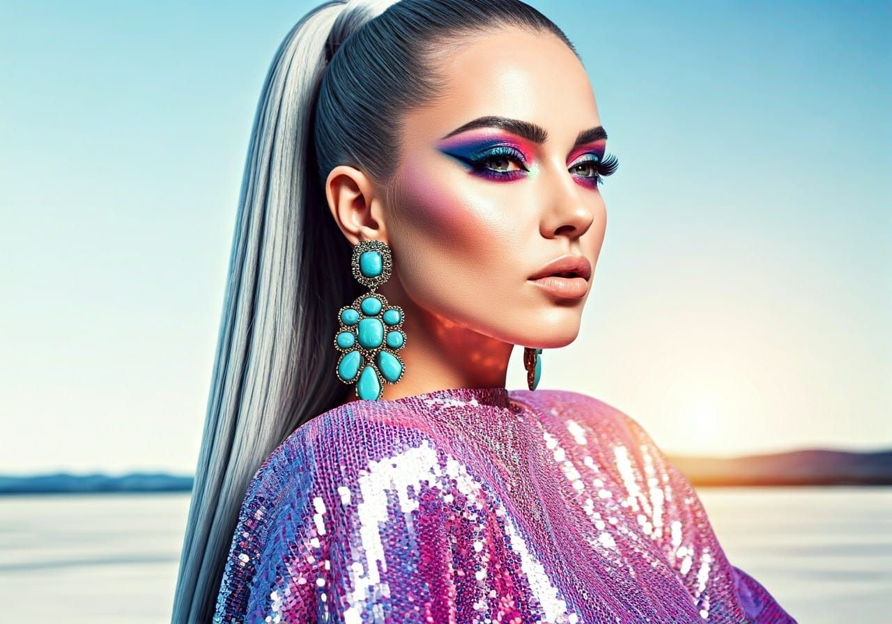 Glamorous Cyberpunk Goddess in Iridescent Sequin Dress