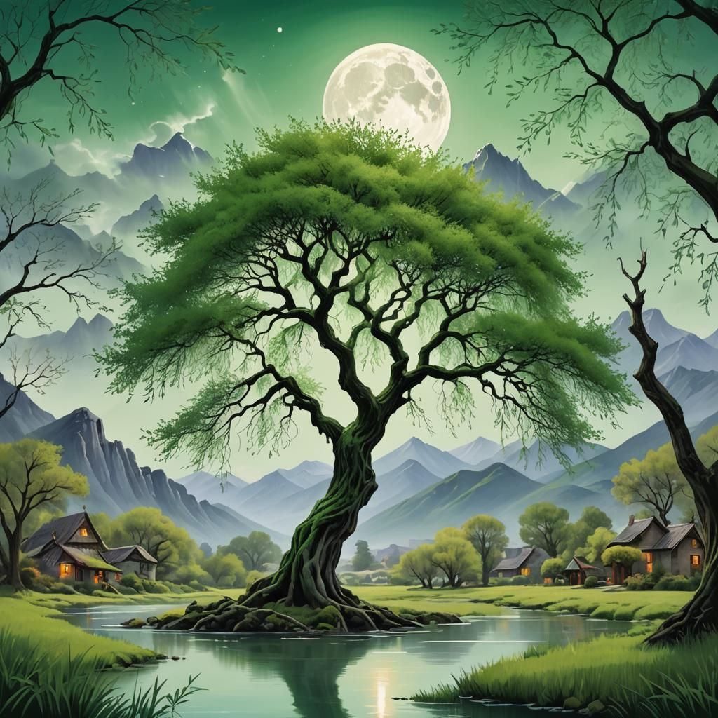 Enchanted Whispering Willow Tree in Forest Clearing