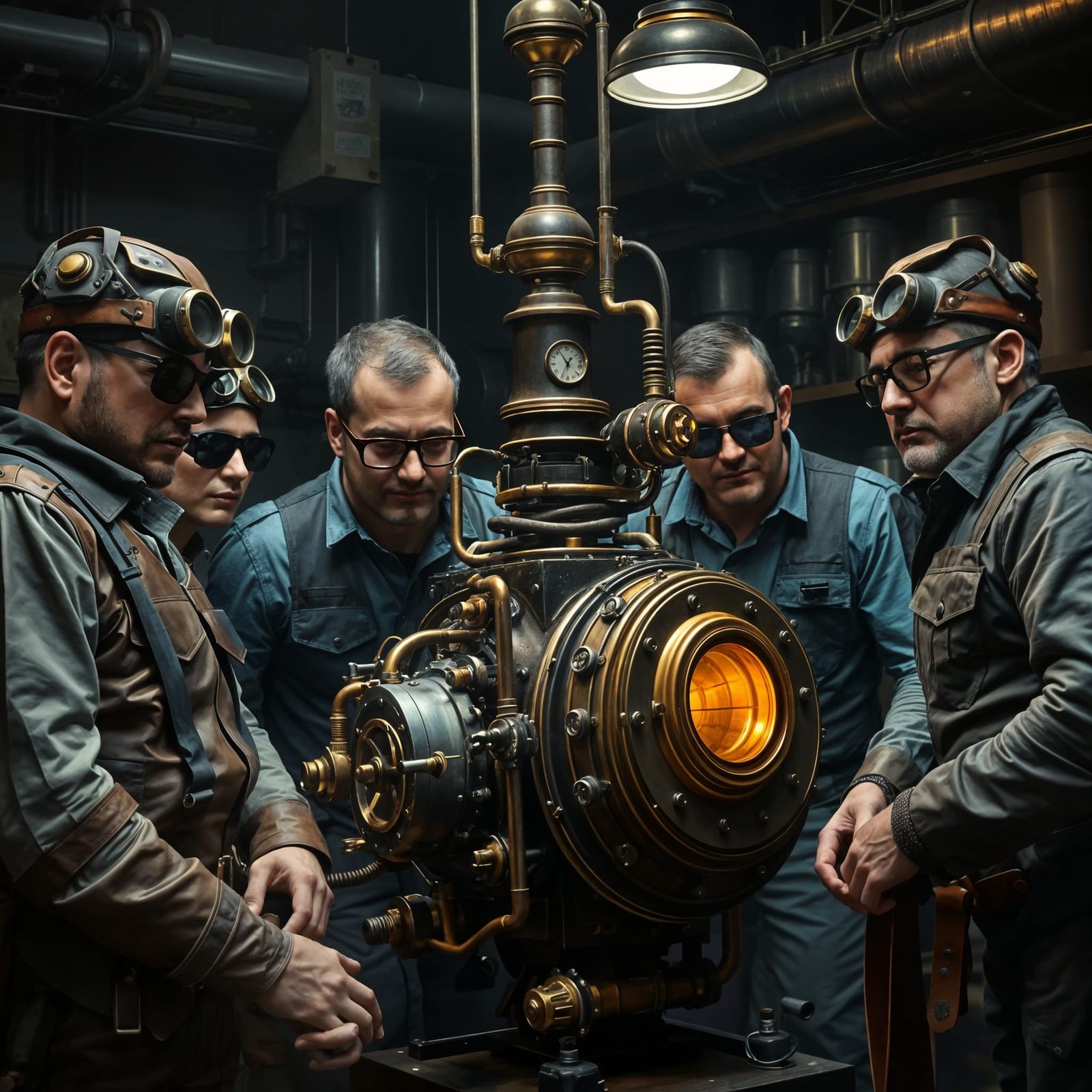 Steampunk Inventors Building a Complex Engine