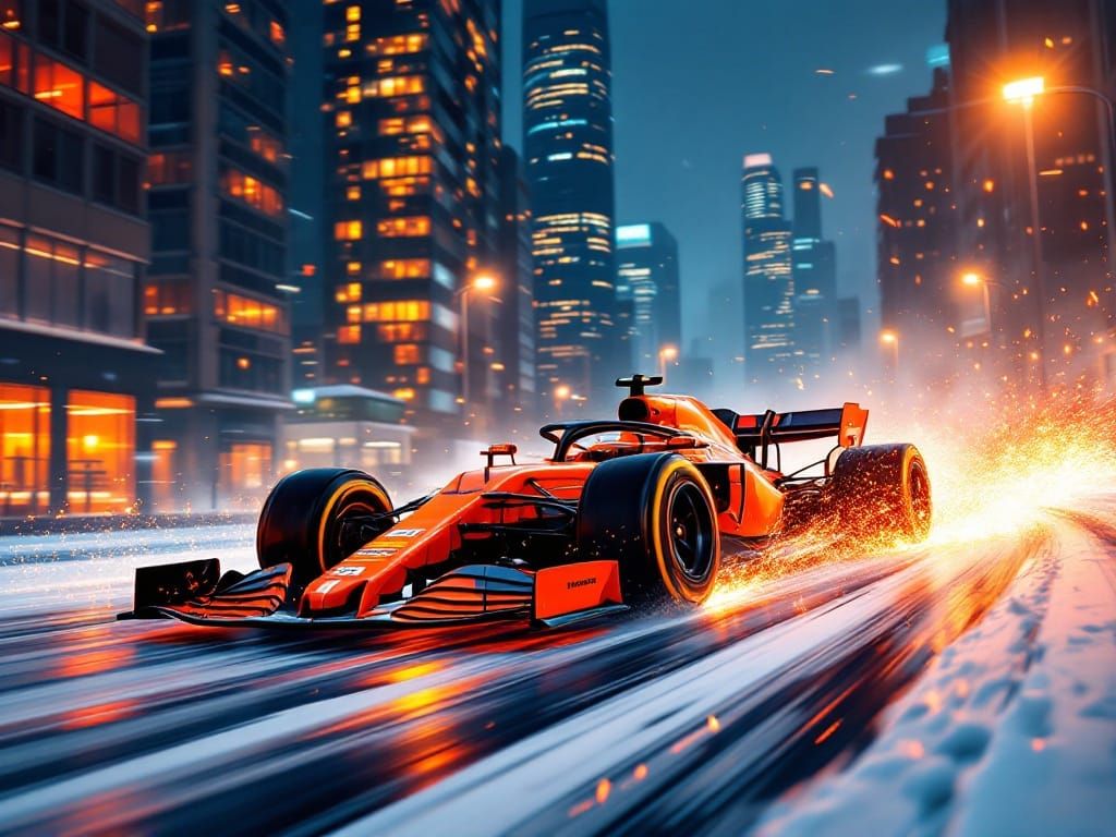Orange Formula 1 race car, fast-paced, dynamic motion blur, ...