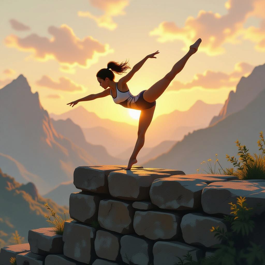 Woman's Gymnastics on Ancient Wall at Dawn
