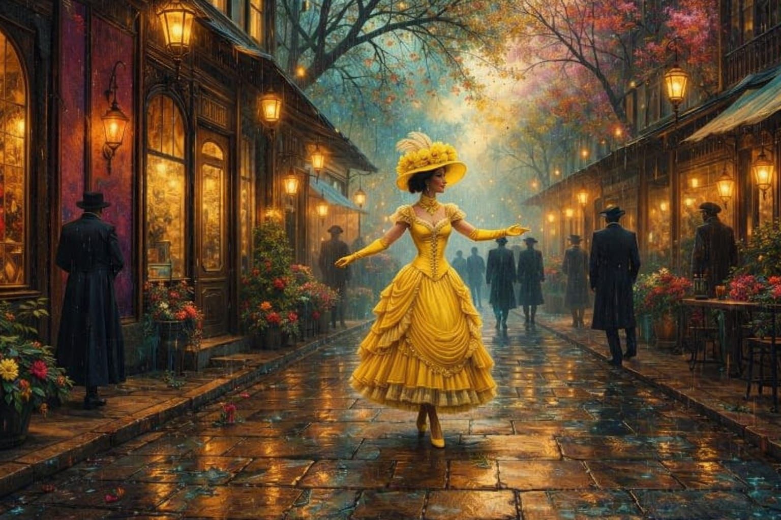 Victorian City Showgirl Dancing in Stained Glass Rain