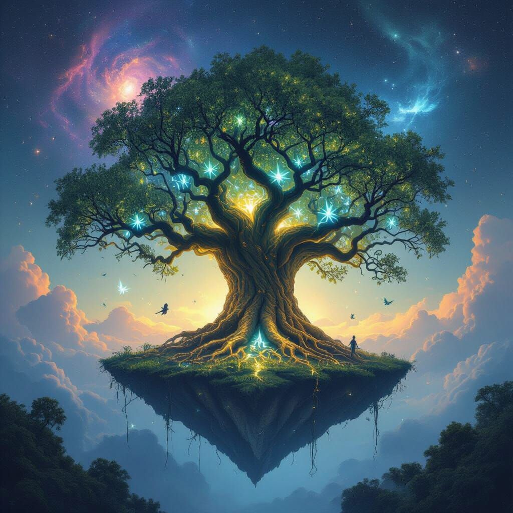 Bioluminescent Tree Anchors Floating Island in Cosmic Space