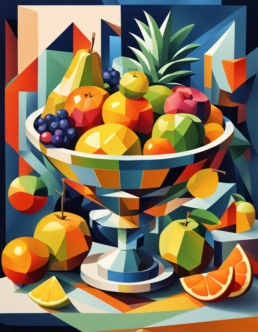 Cubist Fruit Still Life in Geometric Fauvism Style