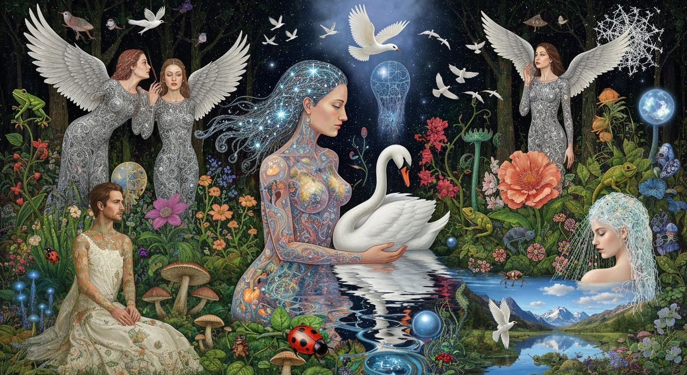 Surreal Garden Party with Winged Women in Cosmic Forest