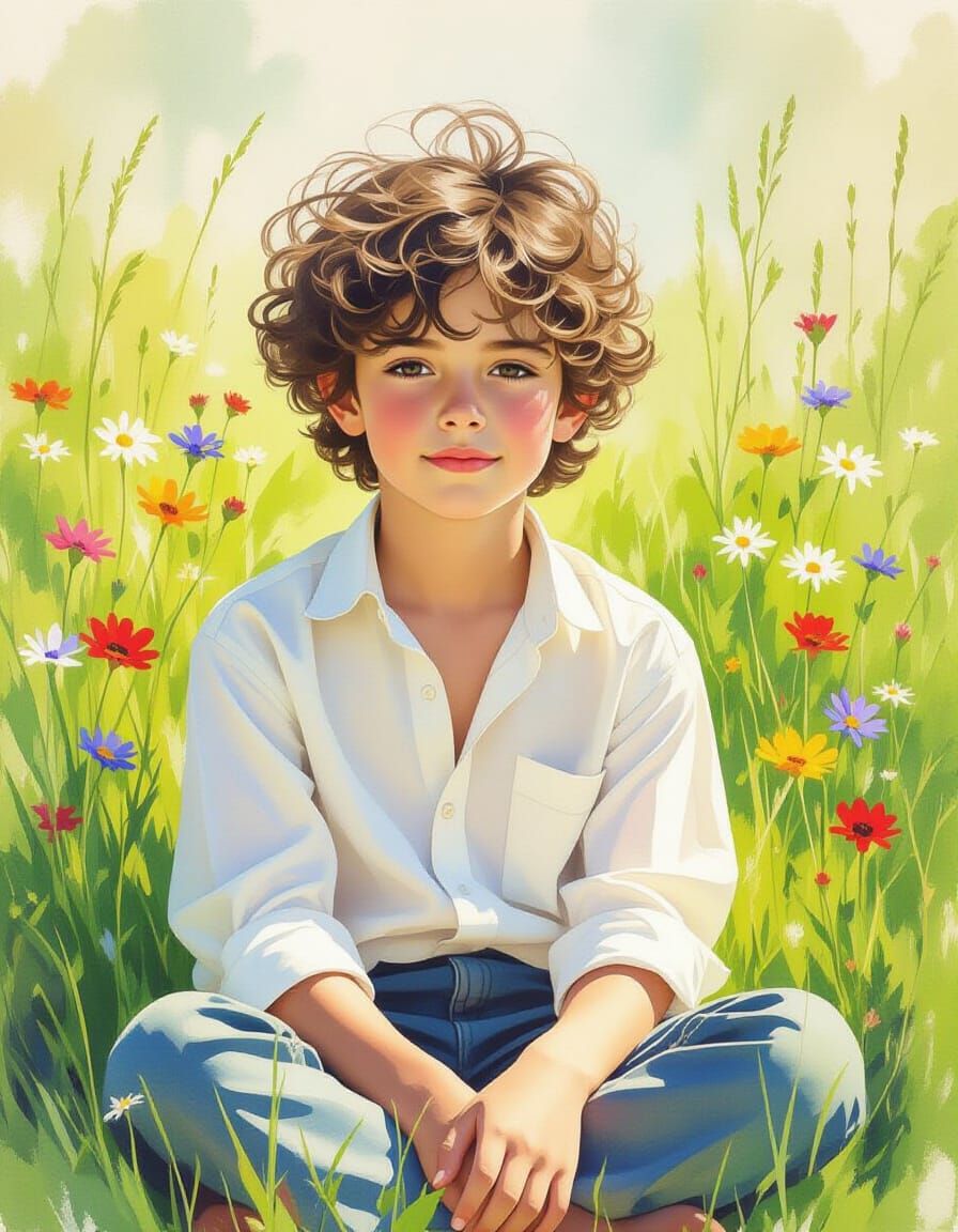 Boy in Meadow, Vibrant Watercolor, Pre-Raphaelite Style