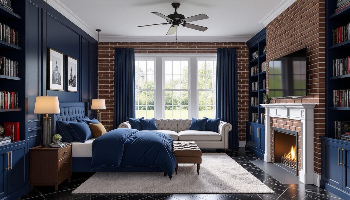 Victorian Bedroom with Navy Blue Accents and Snowy View