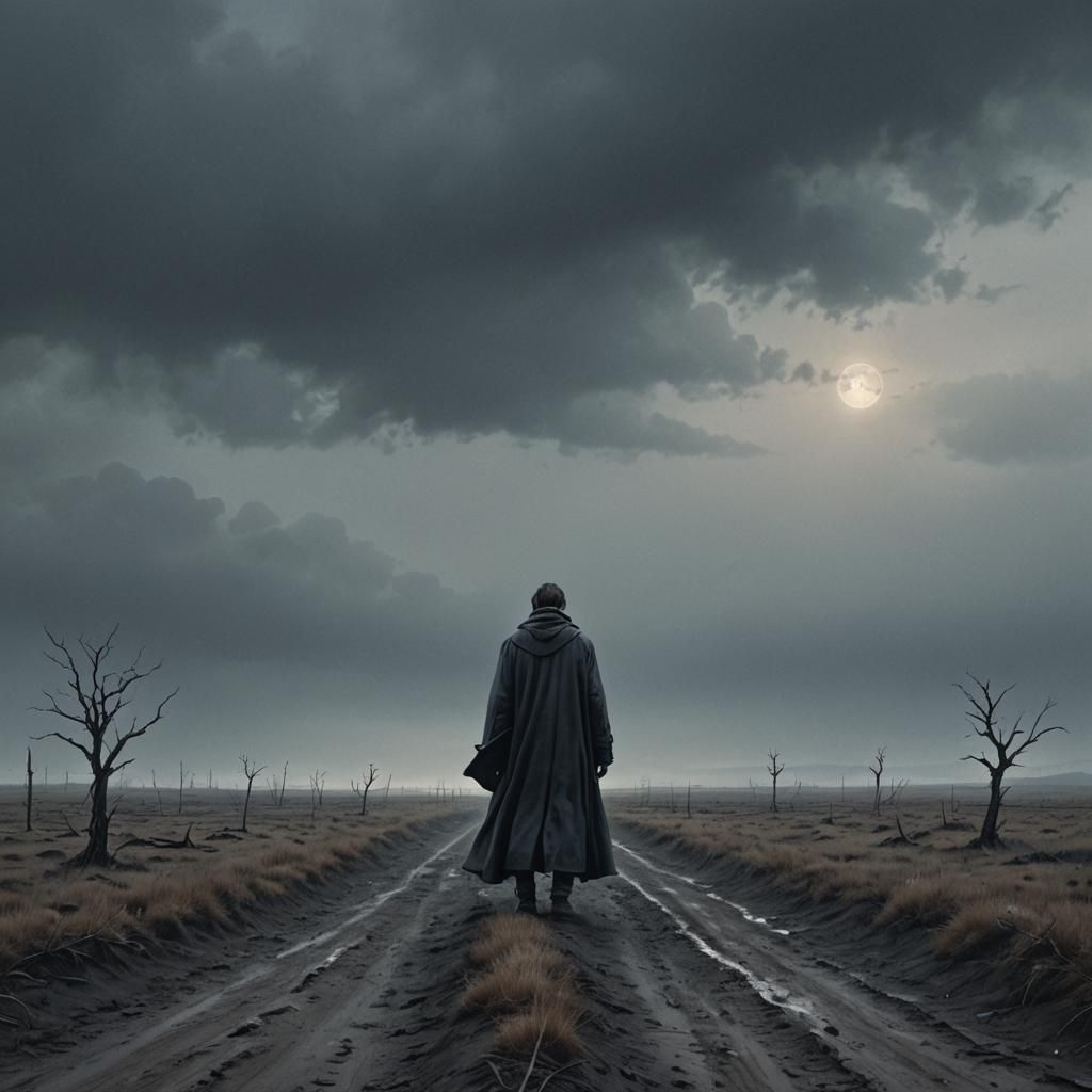 Dark Fantasy: Lone Figure in Barren Landscape