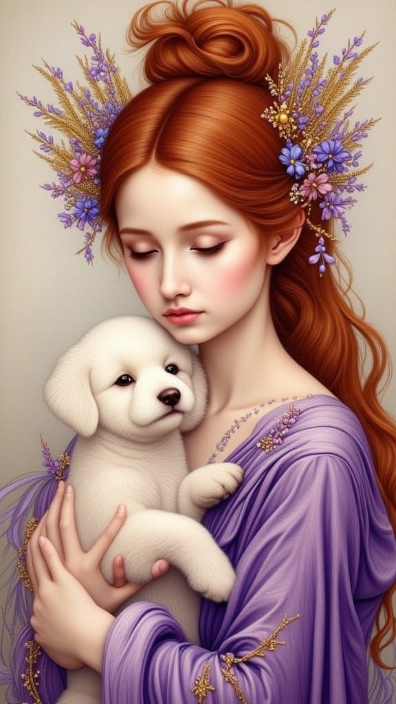 Woman Tenderly Embraces Puppy in Dreamlike Style