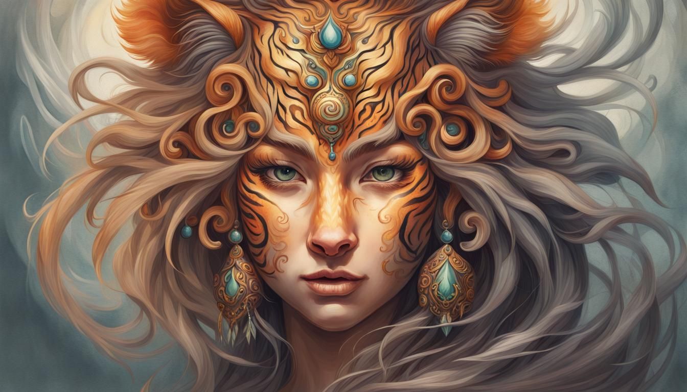 Fantasy Tiger Girl Portrait in Watercolor Style