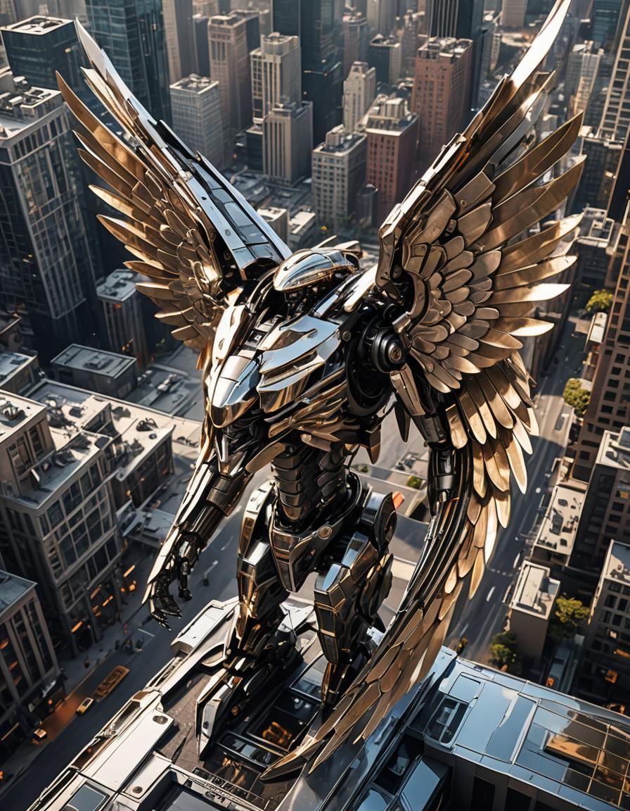 Futuristic Mechanical Wings Over Cityscape