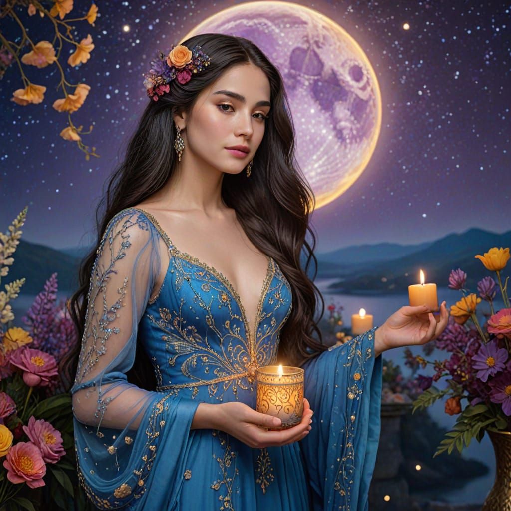 Ethereal Woman with Flowers and Candle in Cosmic Scene