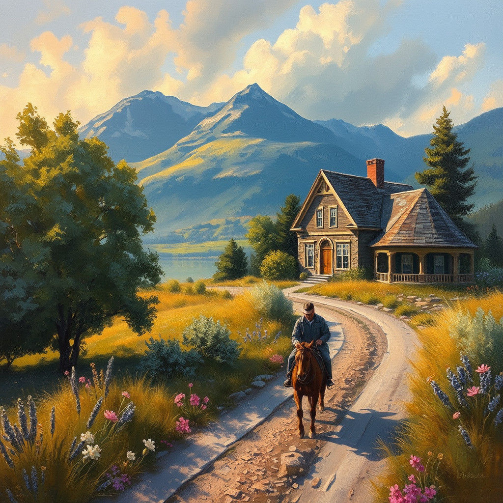Whimsical House on Wheels: Romantic Oil Painting